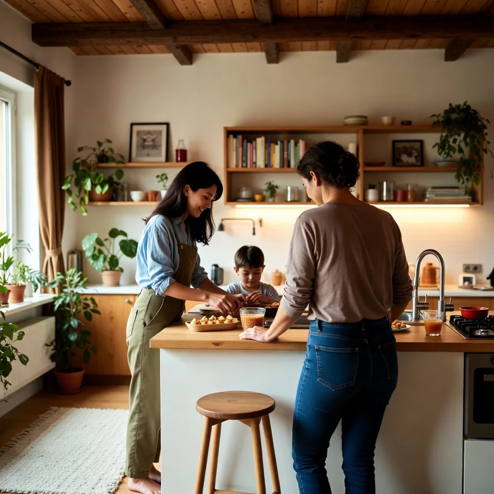 Eine Familie und ihr Au Pair beim gemeinsamen Backen in der Küche