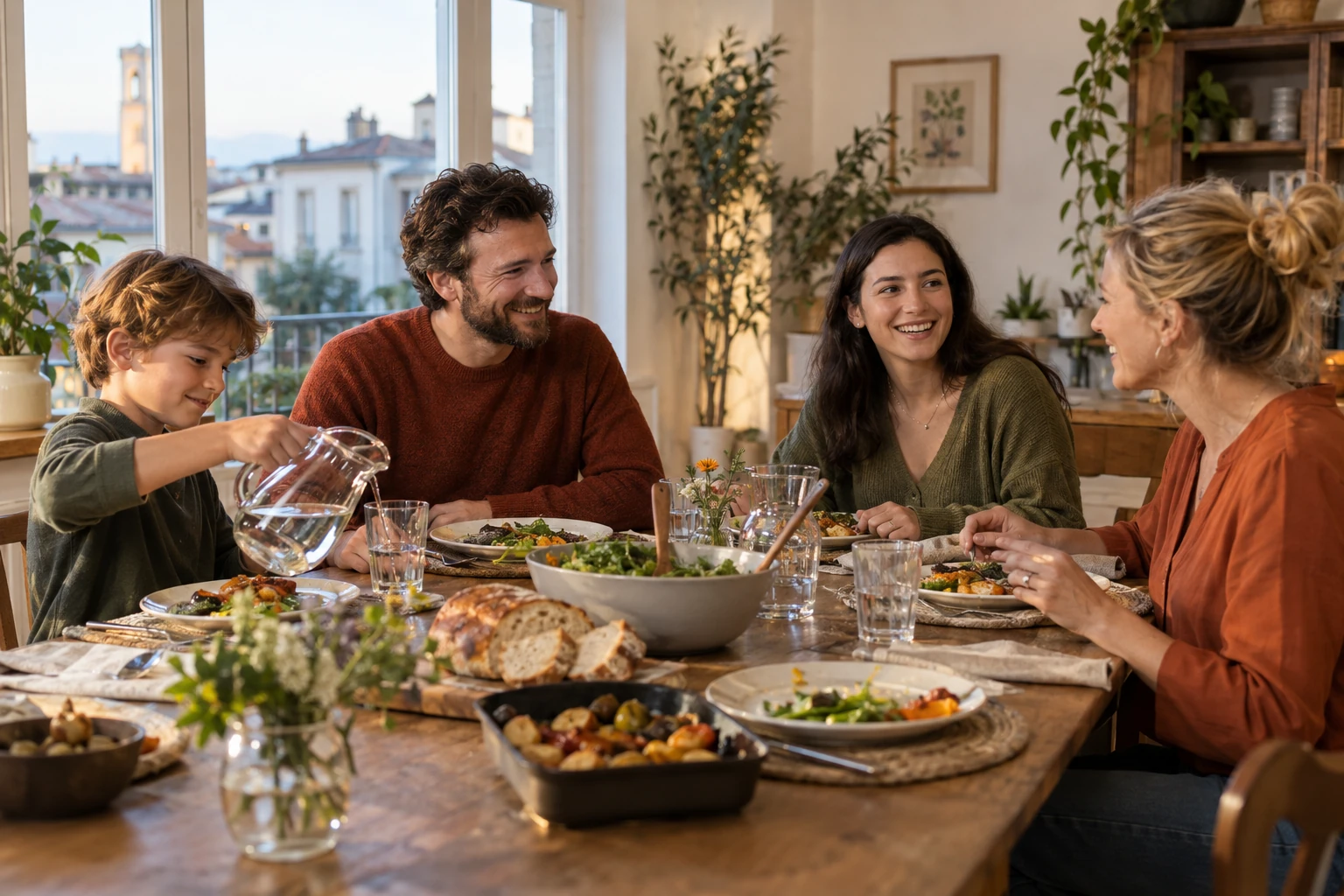 A host family and their au pair sharing dinner together.