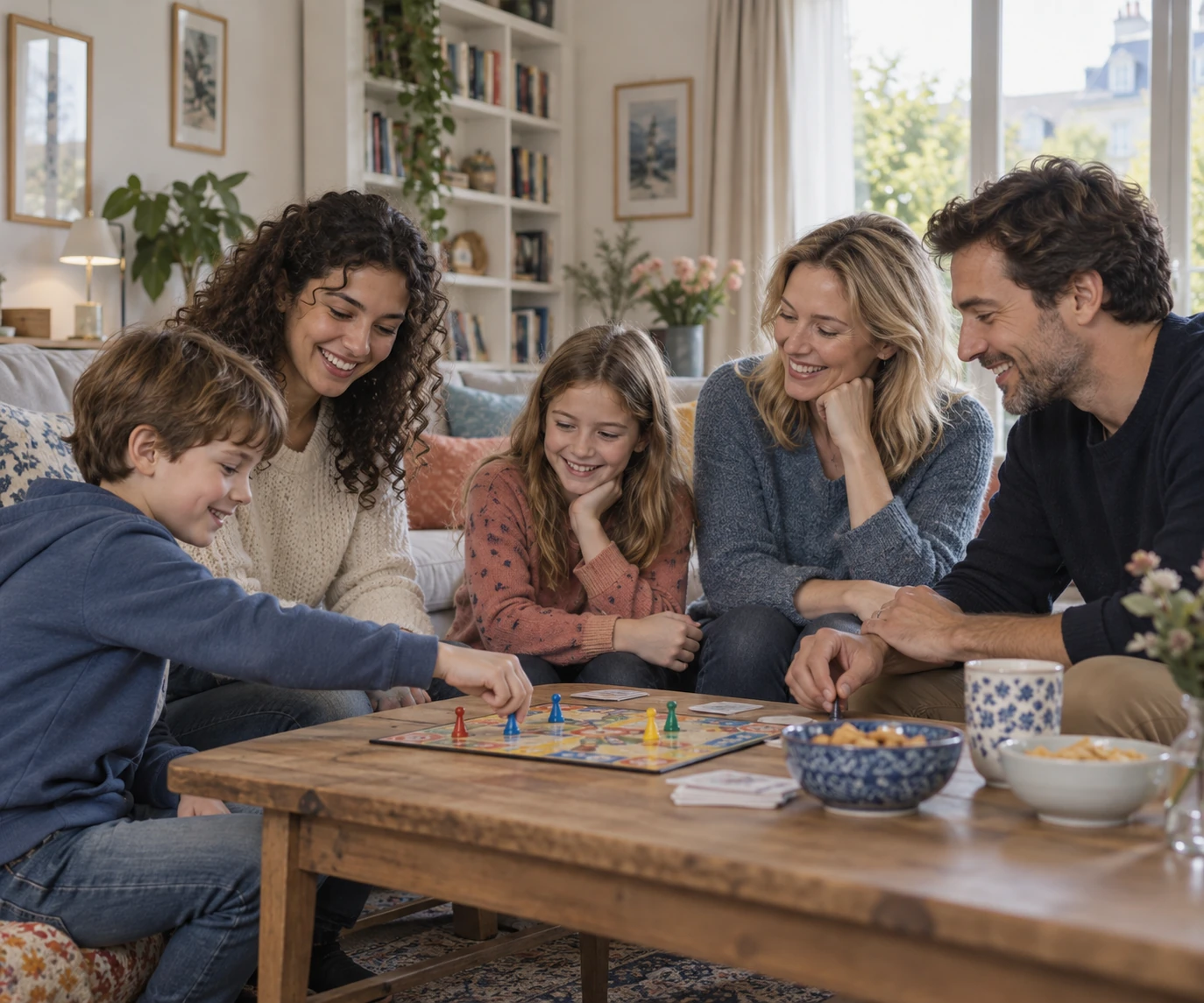 A family and their au pair playing a board game together.