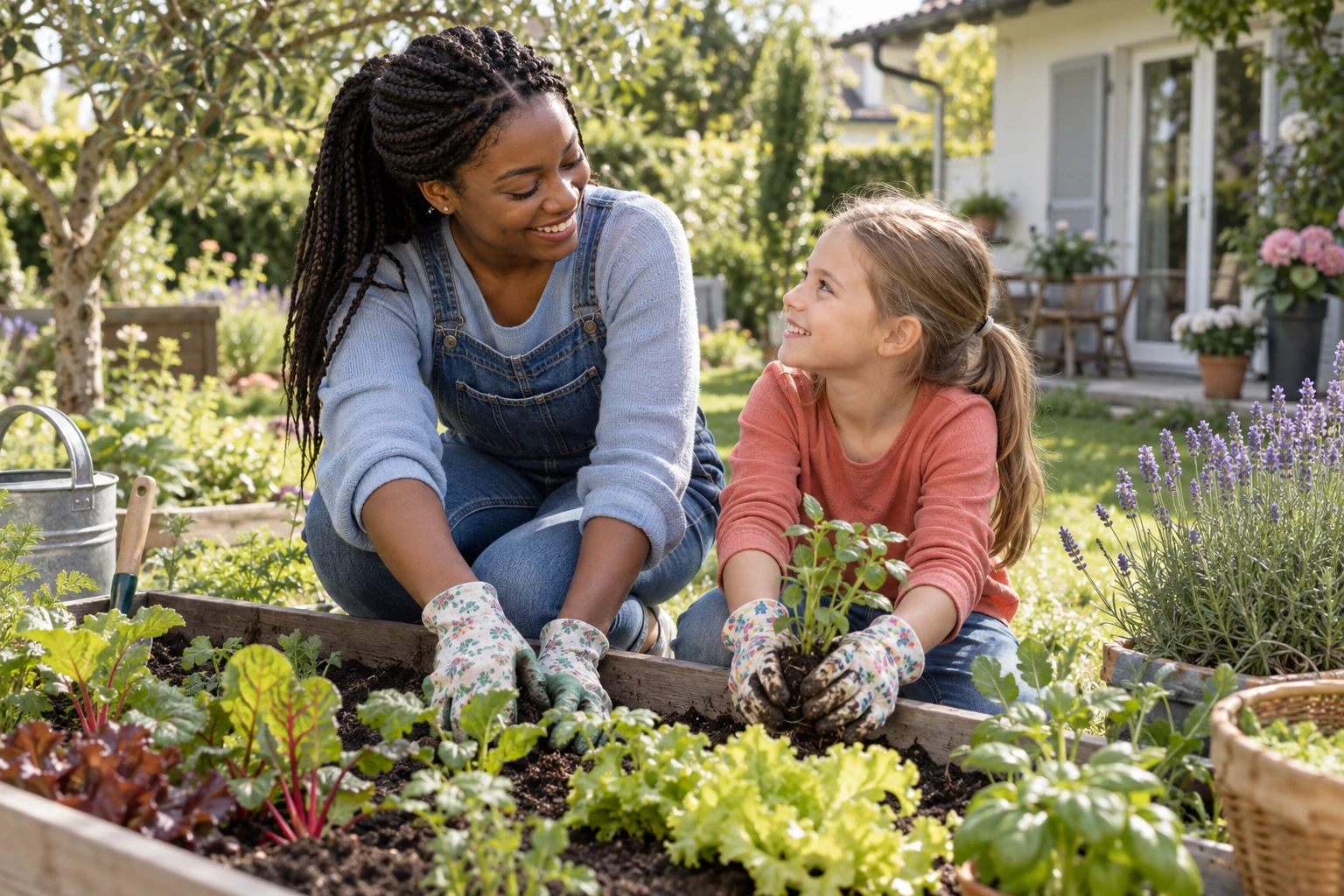 An au pair and a child tending a vegetable bed together.