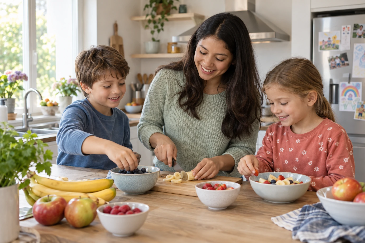 An au pair preparing a fruit snack with children.