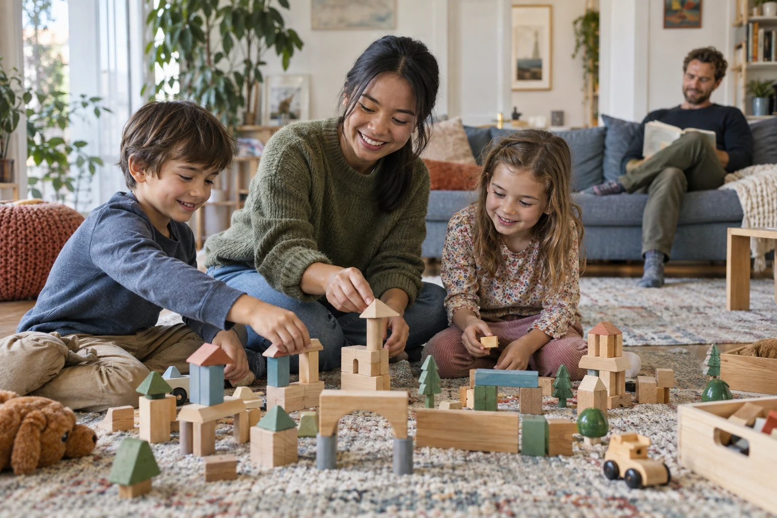 An au pair and two children building a town with wooden blocks.